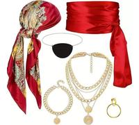 CARxlythic Halloween pirate robe, 6 Pièces Ensemble d'Accessoires de de Pirate, Foulard, masque pour les yeux, ceinture taille haute, collier multicouche, bracelet, anneau pour extension de cheveux