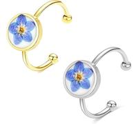 Carykon Lot de 2 bagues ouvertes réglables pour les amoureux et les amis faites à la main avec fleurs séchées myosotis pour femme Argenté et doré