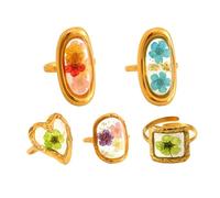 Carykon Lot de 5 bagues réglables faites à la main avec fleurs séchées vintage pour femme (style aléatoire)
