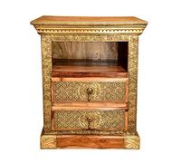 Casa Moro Commode Orientale Marah en Bois Massif ornée de Laiton, 2 tiroirs Produit Artisanal Style Colonial Table de Nuit Marron Or MA69-65-B