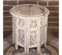 Casa Moro NH09204 Nassiba Table d'appoint orientale ronde en bois massif sculpté mangue Blanc shabby 46 x 46 x 46 cm