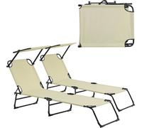 [casa.pro] Bain de soleil [set de 2] pliable 190cm crème avec toit Chaise longue acier