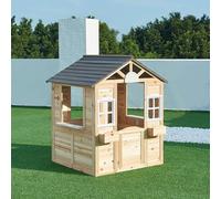 casa.pro Cabane de Jardin pour Enfants Maisonnette pour Jeux Plein Air Maison avec Porte et Fenêtres Usage Extérieur Toit Incliné Jardinières Intégrées 131 x 113 x 97 cm Bois de Sapin Naturel Gris