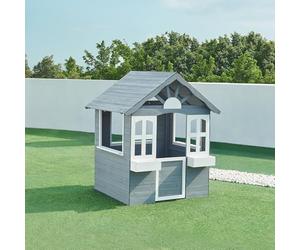 casa.pro Cabane de Jeu d'Extérieur pour Enfants Maisonette de Jardin avec Fenêtres et Porte Charmant Bacs à Fleurs Tableau Inscriptible Protection UV Pluie Bois de Sapin 138 x 120 x 102 cm Gris Blanc