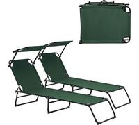 [casa.pro] Chaise longue [set de 2] pliable 190cm vert foncé avec toit Chaise longue de relaxation acier