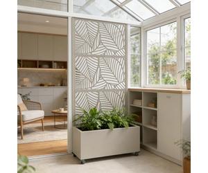 casa.pro Cloison Surnskoki avec Bac à Fleurs Paravent Clôture avec Jardinière pour Extérieur Intérieur Jardin Terrasse Brise-Vue avec 4 roulettes Acier Galvanisé 190 x 82 x 38 cm Beige Ail
