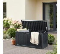 casa.pro Coffre de Rangement de Jardin Vades Couvercle avec Vérin à Gaz pour Stocker Coussins Matelas Capacité 300 L Poigées Latérales Extérieur Terrasse 117 x 47 x 59 cm Noir Effet Bois