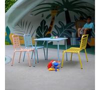 casa.pro Ensemble de Table 2 Chaises et Banc pour Enfants Extérieur Intérieur Jardin Résistant Bords Arrondis Pieds Antidérapants pour Manger Jouer Acier Bleu Jaune Rose