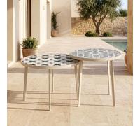 casa.pro Lot de 2 Tables d'Appoint d'Extérieur Faeto Résistant Champagne | Tables basses gigognes rondes, plateau en verre, style méditerranéen, jardin, balcon, terasse, salon