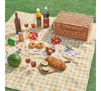 casa.pro Panier de Pique-Nique en Osier pour 4 Personnes Set Complet avec Couverture Assiettes Verres et Couverts Grand Compartiment Isotherme Parc Camping Plage 46 x 31 x 20 cm Marron Jaune Blanc