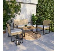 casa.pro Salon de Jardin 4 Pièces avec Table Banc pour 2 Personnes et 2 Chaises avec Accoudoirs et Coussins Confortables Acier Bois d'Acacia Polyrotin Beige Noir Naturel