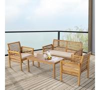 casa.pro Salon de Jardin 4 Pièces avec Table Banc pour 2 Personnes et 2 Chaises avec Accoudoirs et Coussins Confortables Bois d'Acacia Coton Polyester Naturel Beige