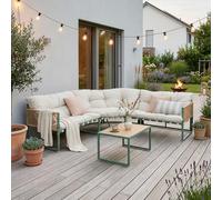 casa.pro Salon de Jardin 4 Pièces Table Basse Verre avec Canapé Ensemble de Meubles Extérieur Résistant Mobilier Jardin Confortable Design Terrasse Patio Détente Acier Polyester Vert Beige