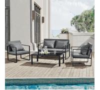 [casa.pro] Salon de Jardin Ensemble de Jardin Table Basse avec Canapé et Chaises Extérieures Métal Verre Polyester Noir