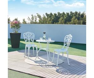 casa.pro Set de Bistrot 3 Pièces avec Table Ronde et 2 Chaises Ensemble de Meuble de Jardin Balcon Patio Terrasse Trou de Parasol Capacité 120 kg en Fonte d'Aluminium Blanc