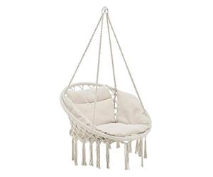 casa.pro Siège Rond avec Coussin Hamac Chaise Suspendue à Franges Jusqu'à 150kg avec 4 Cordes d'attache pour Intérieur Extérieur Diamètre d'Assise 60 cm Crème