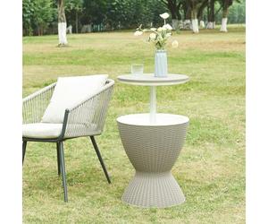 casa.pro Table Glacière avec Plateau Relevable Table de Jardin avec Bassine à Glaçons 30L Boissons Fraîches Hauteur Réglable Plastique Aluminium Ø 49 cm Marron Clair Effet Rotin