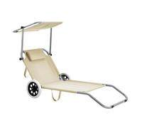 [casa.pro] Transat avec Brise-soleil et avec Roulettes Bain de Soleil Polyester et Acier Revêtu par Poudre Beige 146 x 52 x 15 cm