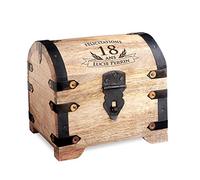 Casa Vivente - Coffre au trésor avec Gravure pour l'anniversaire - 18 Ans - Personnalisé avec NOM à Choix - Boîte à Bijoux - Tirelire - Bois Naturel - Cadeau d'argent - Malle au trésor