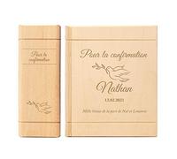 Casa Vivente Tirelire en Forme de Bible, Bois : Bouleau, Gravure pour la Confirmation, Personnalisée avec Nom et Date, Motif : Colombe, Cadeau de Confirmation