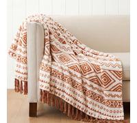 CASAAGUSTO Boho Terrcotta Couverture décorative avec Pompons en Flanelle imprimée pour Chaise, lit, canapé, canapé (50 x 60 cm, Terrcotta)