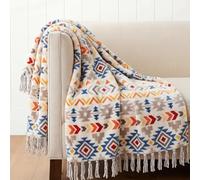 CASAAGUSTO Couvre-lit bohème avec Pompons - Couverture décorative colorée en Flanelle imprimée pour Chaise, lit, canapé, canapé (127 x 152,4 cm, coloré)