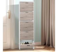 CASABEL Meuble de Rangement à Chaussure 15 Paires - Grande Capacité pour Entrée - L60xP17xH180 cm - Portes Bois Clair Cadre Blanc