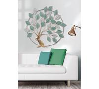 Casablanca Décoration murale en forme d'arbre en métal délavé doré vert clair blanc rond 70 x 72 cm