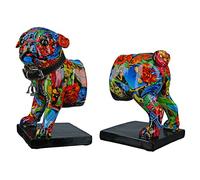 Casablanca Deko 1 Paire de Serre-Livres Support CD - Figurine d'animal Mops Figurine de Chien avec Collier Cloche - Design : Street Art Graffiti Roses - Multicolore Longueur Totale 22,5 cm