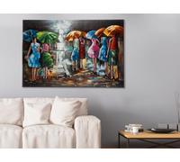 Casablanca Tableau mural décoratif pour salon, grand modèle, aspect 3D, motif : femmes sous la pluie, avec parapluie, rectangulaire, fait à la main, multicolore, 120 x 80 cm