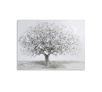 Casablanca Tableau mural décoratif XL - Toile sur cadre en bois - Surface faite à la main - Structure acrylique - Motif grand arbre - Couleurs : blanc/gris/argenté 90 x 70 cm