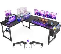Casaottima Bureau d'ordinateur en forme de L avec sac de rangement, bureau de jeu réversible de 145 cm, bureau d'angle pour bureau à domicile avec étagère pour moniteur, table de poste de travail