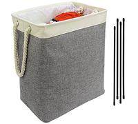 Casaphoria Panier à linge avec tiges de support, panier à linge autoportant avec poignées en corde, grand panier à vêtements sale pliable pour salle de bain, 72 L, beige et gris