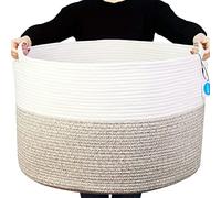 Casaphoria Panier à linge en corde de coton pour salon - Panier de rangement tissé avec poignée pour couvertures, serviettes et oreillers, panier à linge | Blanc et marron (55,9 x 55,9 x 35,6 cm)