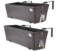 2x Bac à fleurs en polyrotin marron Jardinière pour balcon Pot de fleur avec fixation Terrasse Fenêtre Balustrade