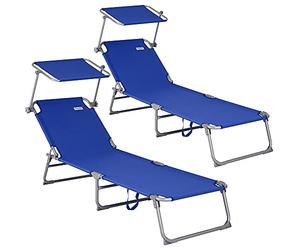 Casaria 2X Chaise Longue Pliable Hawaii Bleu transat avec Pare-Soleil Bain de Soleil pour Plage Jardin Camping Transport