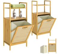 CASARIA® 2x Meuble en bambou 2 en 1 avec étagères panier à linge intégré 36L Meuble de rangement salle de bain 95 cm