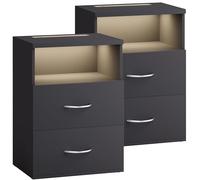 Casaria® 2X Table de Nuit avec éclairage LED Touch Anthracite 40x28x55cm en Bois 2 tiroirs Table de Chevet Chambre à Coucher