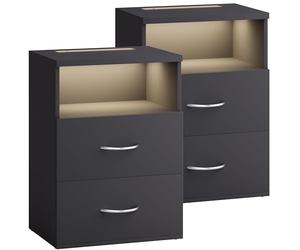 Casaria® 2X Table de Nuit avec éclairage LED Touch Anthracite 40x28x55cm en Bois 2 tiroirs Table de Chevet Chambre à Coucher