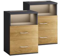 CASARIA 2x Table de nuit avec éclairage LED Touch Bois Gris 40x28x55cm en Bois 2 tiroirs Table de chevet Chambre à coucher