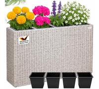 Casaria® Bac à Fleurs en Polyrotin - Jardinière 4 Pots Amovibles, Balconnière Vertical Plantes intérieur extérieur pour Jardin, Balcon, Terrasse - Beige Crème 95x27x60cm