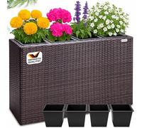 Casaria® Bac à Fleurs en Polyrotin - Jardinière 4 Pots Amovibles, Balconnière Vertical Plantes intérieur extérieur pour Jardin, Balcon, Terrasse - Brun 95x27x60cm