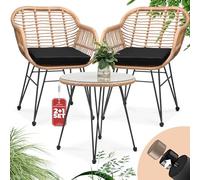CASARIA BALI Ensemble de meubles de salle à manger de jardin 3 pièces | 2 fauteuils avec coussins | 1 table avec plateau en verre | Pour intérieur et extérieur | En rotin synthétique résistant aux