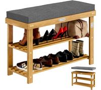 Casaria® Banc à Chaussures en Bois d'acacia certifié FSC® 2 Niveaux Assise rembourée Rangement Polyvalent 9 Paires