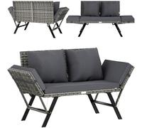 Casaria® Banc de Jardin Gris 2en1 Fonction Chaise Longue réglables polyrotin Extérieur Jardin Terrasse Balcon Canapé