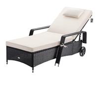 Casaria® Chaise longue en polyrotin Noir-Crème coussin 7cm 2 roulettes Max 160kg Dossier réglable Bain de soleil jardin