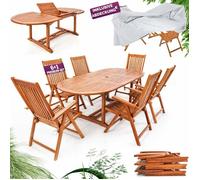 CASARIA® Ensemble de salon de jardin Vanamo avec housse 1 table extensible type papillon 6 chaises bois d'eucalyptus certifié FSC®