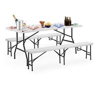 CASARIA® Ensemble pour Stand de Brasserie 3 pièces Table et 2 bancs Plastique Pliable 8 Places avec poignée Pique Nique