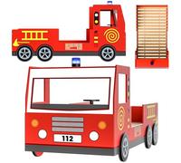 Casaria® Lit Enfant Camion de Pompier 90x200 cm Rouge - Lit Voiture avec Sommier à Lattes Inclus, Barrières Anti-Chute, Gyrophare Lumineux & Volant - Lit Garçon Bois MDF