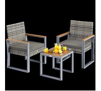 CASARIA® Salon de Jardin Gris Acacia en polyrotin 2 chaises 1 Table Pieds réglables Résistant aux intempéries Balcon Meubles Lounge
